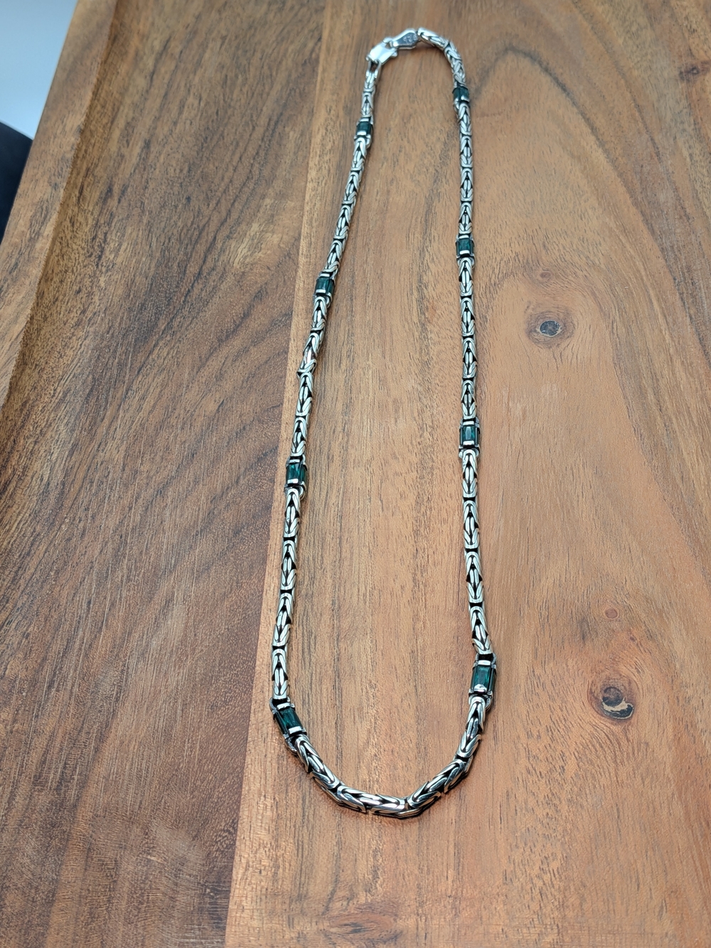 Men's Silver Chain Necklace with Dark Green Accents